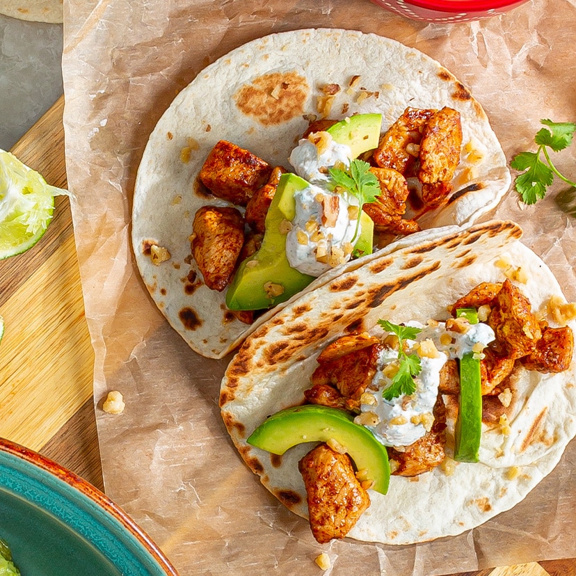 Seasoned Chicken Tacos with Cilantro-Walnut Cream & Avocado Recipe