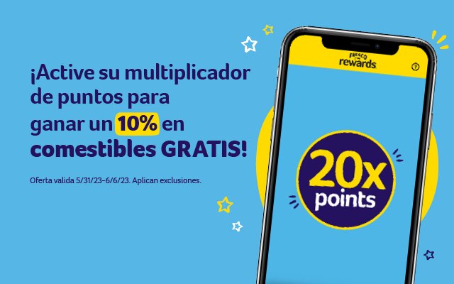 !Active su multiplicador de puntos para ganar un 10% en comestibles GRATIS! Oferta valida 5/31/23-6/6/23. Aplican exclusiones.