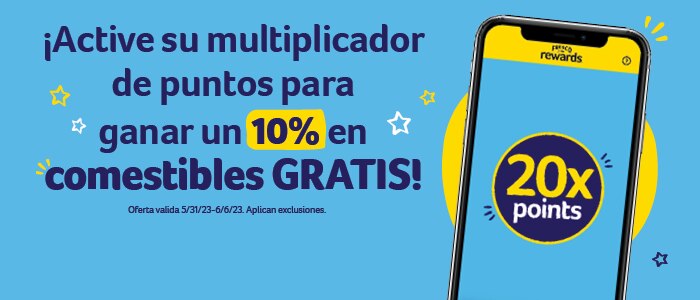 !Active su multiplicador de puntos para ganar un 10% en comestibles GRATIS! Oferta valida 5/31/23-6/6/23. Aplican exclusiones.